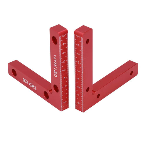Sturdy Right Angle Clamps 2 Pack Aluminum Alloy Positioning Tools For Woodworking And Crafts with clear red measurement scale.