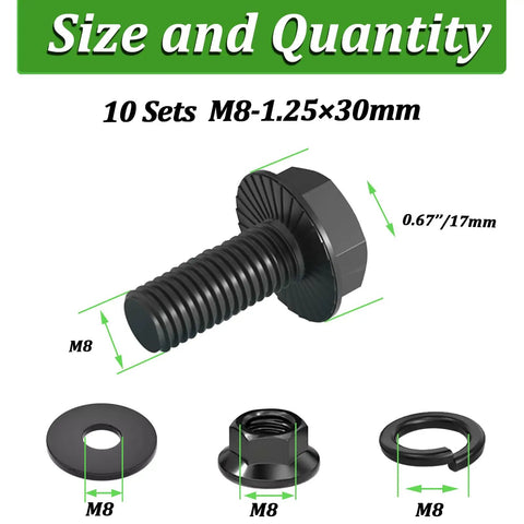 Top Shelf M8 X 30mm Full Thread Flanged Hex Head Bolts With Flange Nuts Flat And Lock Washers 10 Piece 10.9 Grade Black Zinc Plated Alloy Steel Garage Ready Set with dimensions.