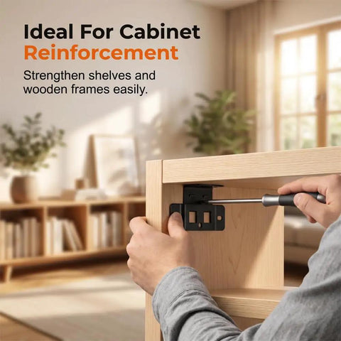 Installing Beefy Black Angle Furniture Corner Bracket on wooden cabinet for reinforcement.