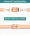 30 Pack Copper Press Fittings With Stop 1 1/4 By 1 1/4 Inch Pipe Coupling Connectors side view with dimension illustration