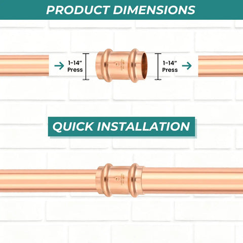 30 Pack Copper Press Fittings With Stop 1 1/4 By 1 1/4 Inch Pipe Coupling Connectors side view with dimension illustration