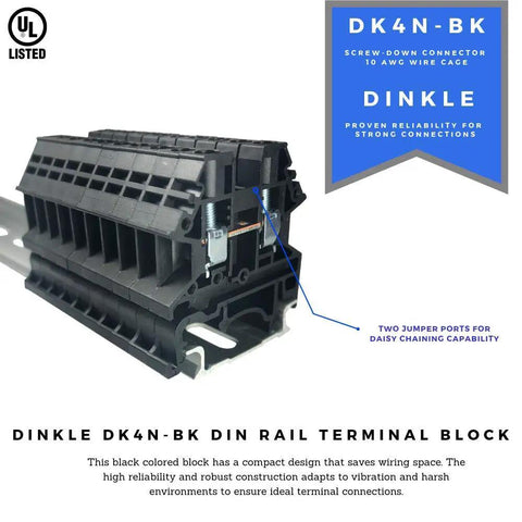 Compact DIN Rail Terminal Block Screw Type UL 600V 30A 10-22AWG, Pack of 100, Built Tough, Vibration-Resistant Electrical Connection Block for Industrial Panels and Control Systems, side view showing screw connector and jumper ports.