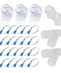 2-1/2 Inch Dust Collection Fittings Kit With Clear Connectors, Blast Gates and Stainless Steel Hose Clamps for Building a Three Machine Dust System In Your Shop; components include clear Y-fittings, elbows, blast gates, and clamps.