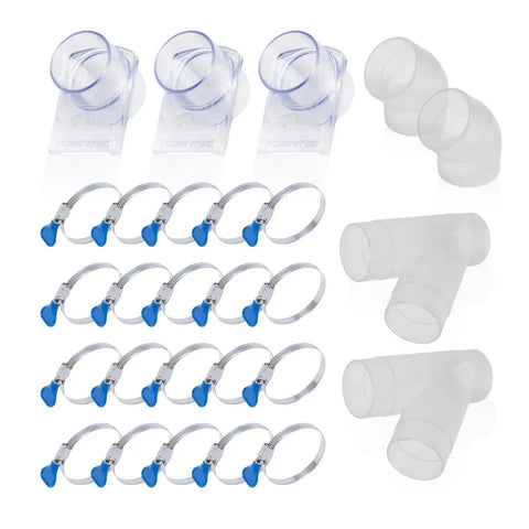 2-1/2 Inch Dust Collection Fittings Kit With Clear Connectors, Blast Gates and Stainless Steel Hose Clamps for Building a Three Machine Dust System In Your Shop; components include clear Y-fittings, elbows, blast gates, and clamps.