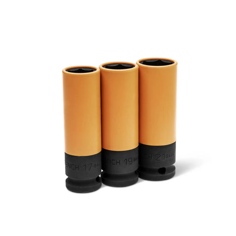 Half Inch Drive Tough As Nails Wheel Protector Impact Socket Set with thin wall design, 17mm, 19mm, 21mm sockets standing upright