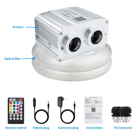 Lit Dual Port 16W Twinkle Starlight Headliner Kit With 900 Fiber Optic Strands 0.75mm 9.8ft Long Sound Activated Color Changing Ceiling Lights For Car Or Home App Remote showing accessories and connectors