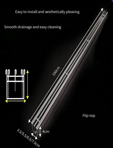 Diagram of a Stainless Steel Trench Drain System For Patios And Walkways, shown with dimensions for outdoor use.