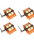 Big League Hand Cranked Machine Skate Dolly Delivering 26400 Pound Hauling Capacity Built Hella Sturdy With Solid Forged Steel Frame And Greased Up Nylon Casters For Heavy Moves - Close-up view of four orange dollies with nylon wheels.