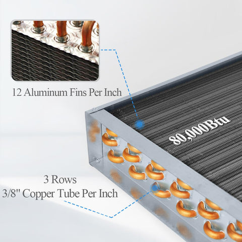 Close-up of Water To Air Heat Exchanger 16x16 With 1 Inch Copper Ports featuring 12 aluminum fins and 80,000 Btu capacity