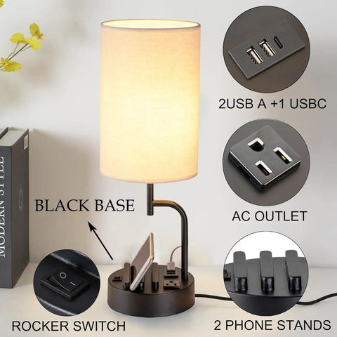 Bedside Table Lamp With Three USB Ports And AC Outlet Cream, Modern Desk Lamp With Phone Stands, Black Base, Rocker Switch