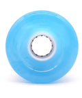 Close-up of blue skateboard wheel from Skateboard Wheel Set 65mm By 43mm 78A High Rebound Urethane With 608RS Bearings Washers And Spacers One Piece Tool Included For Longboard Or Regular Cruisers Blue.