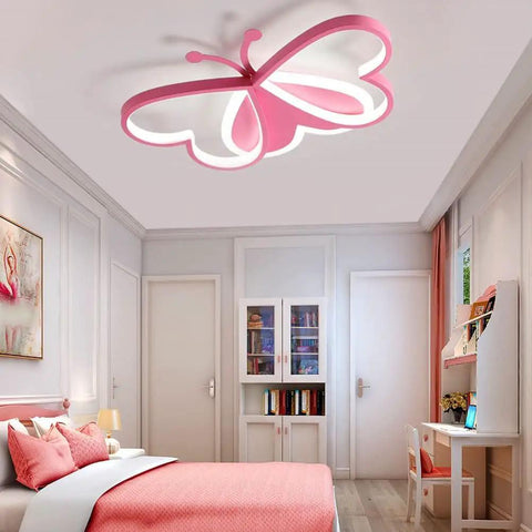 Pink Butterfly LED Ceiling Light Fixture For Kids Room Modern Flush Mount Dimmable With Remote 36W 110V in cozy bedroom setting