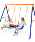 Backyard Swing Set With Stand For Kids, Heavy Duty 440 Lb Metal A Frame Outdoor Playset with saucer swing and seats.