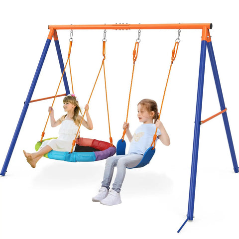 Backyard Swing Set With Stand For Kids, Heavy Duty 440 Lb Metal A Frame Outdoor Playset with saucer swing and seats.