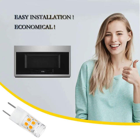Woman smiling next to microwave with 3W LED Microwave Light Bulb Replacement 120V Warm White 3000K 300 Lumen Output, easy installation