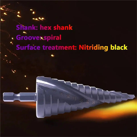 Top Rated Wist 4-32mm Step Drill Bit Set With Hex Shank, Premium Cobalt Steel Construction For Drilling Metal Wood Plastic Projects Effortlessly And Making Clean Holes Like A Boss Without Swapping Bits. hex shank step drill bit with spiral groove and nitride black finish