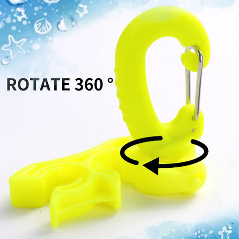 Yellow clip from Two Pack Scuba Hose Clips For Dope Dive Gear with 360° rotating snap hook for snorkeling and scuba accessories.