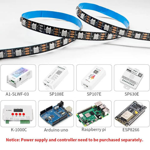 Individually Addressable LED Strip Light With WS2812B IC, 16.4Ft 300LED, IP30 Black PCB, accessories shown separately