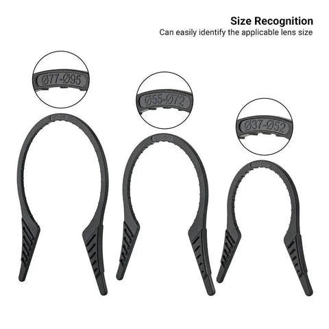 Three Pack Camera Lens Filter Wrench Kit With Easy Grip For Fast No Fuss Removal Of Jammed UV CPL ND Filters Fits 37mm To 52mm 55mm To 72mm 77mm To 95mm Thread Sizes Works With Canon Nikon Sony Fujifilm Olympus Panasonic And Other Cameras showing three wrenches and size recognition
