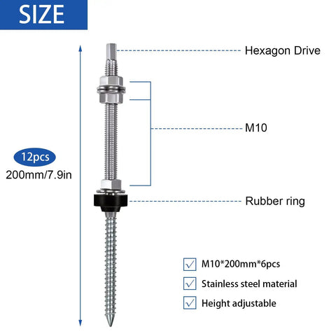 Straight Up Heavy-Duty Stainless Steel Hanger Bolts M10x200 with hexagon drive and rubber ring for solar mounting.