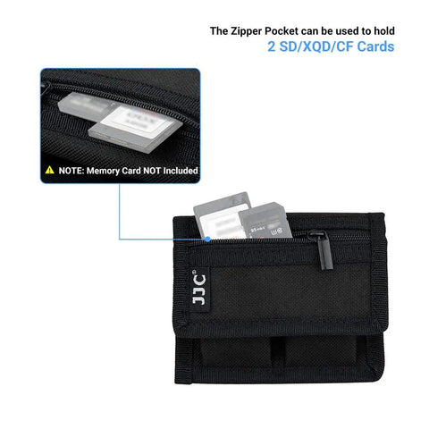 DSLR Battery And Memory Card Holder Pouch With 3 Pockets, showing zipper pocket with SD and CF card visibility