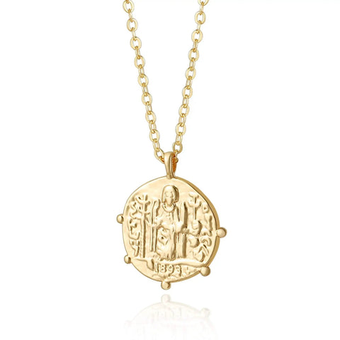 Gold Plated Medallion Coin Necklace For Women 20 Inch 18K Gold Plated Chain With 2 Inch Extender Minimalist Round Disk Pendant