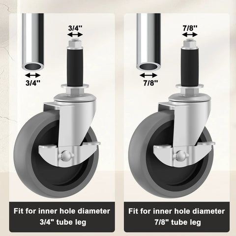 4-Inch caster wheels with locking brakes; expanding stems for 3/4" and 7/8" tube legs, set of four with silver frames and gray wheels.