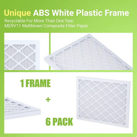 Six Pack 10x20x1 Air Filter MERV 11 MPR 1000 With White ABS Frame and pleated design displayed on green background