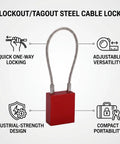 Lockout Tagout Cable Lock with quick one way locking, steel cable, and red padlock shown with features for equipment safety.