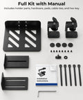Heavy Duty Under Desk PC Mount For Standing Desk No Fuss Clamp includes kit parts, cable ties, and installation manual.