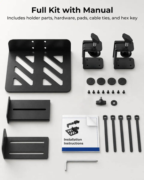 Heavy Duty Under Desk PC Mount For Standing Desk No Fuss Clamp includes kit parts, cable ties, and installation manual.