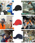 Lightweight Safety Cap With Hard Hat Style Comfortable Bump Cap For Men And Women Adjustable Fit Four Vents For Breathable Head Protection Sturdy Black Design For Construction Home Improvement And Everyday Use displayed in various work environments.