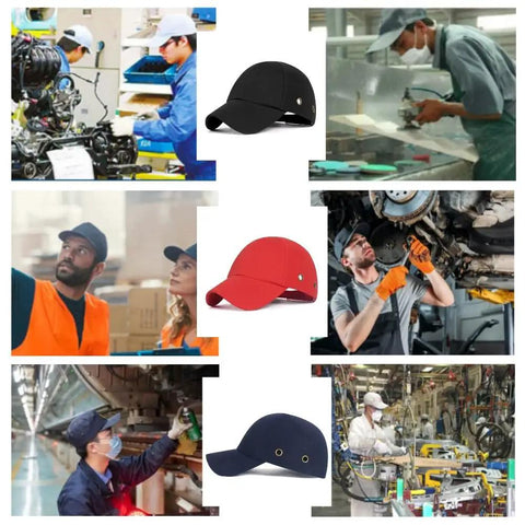Lightweight Safety Cap With Hard Hat Style Comfortable Bump Cap For Men And Women Adjustable Fit Four Vents For Breathable Head Protection Sturdy Black Design For Construction Home Improvement And Everyday Use displayed in various work environments.