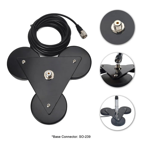 Heavy Duty Magnetic Antenna Mount Base With Triple 3.5-Inch Magnets And 16.4 Foot RG-58 Cable PL-259 Plug For Mobile Ham Radios