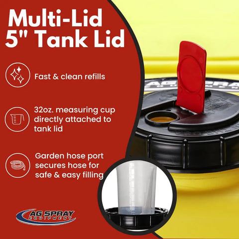 Close-up of multi-lid 5 inch tank lid on 65 Gallon UTV Sprayer With 7 Nozzle Folding Boom 140 Inch Spray Width 4 GPM 12V Diaphragm Pump