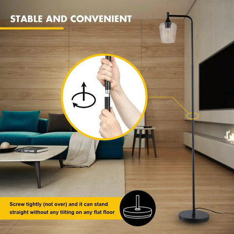 Industrial Black Floor Lamp For Living Room And Bedroom With Champagne Glass Shade Tall Farmhouse Style Standing Lamp