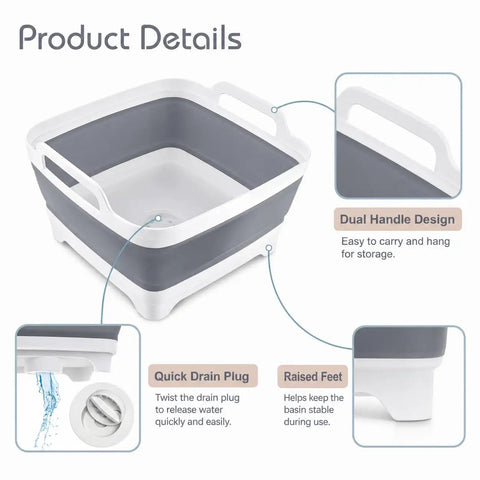 2.4 Gallon Collapsible Dish Basin With Drain Plug For Camping, RV, and Outdoor Use, dual handles, quick drain plug, raised feet