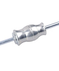 Close-up of Blind Hole Collet Bearing Puller Set With Slide Hammer, silver metal tool expands to grab pilot and inner bearings.