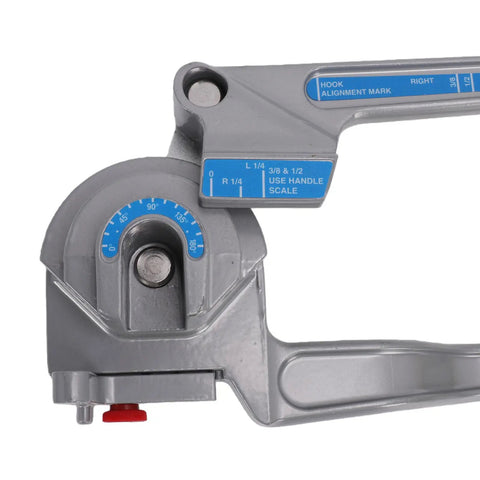 Close-up of Pocreations 180 Degree Manual Pipe Bender Tool showing scale for 1/4, 3/8, and 1/2 inch tubing, designed for precise bending.