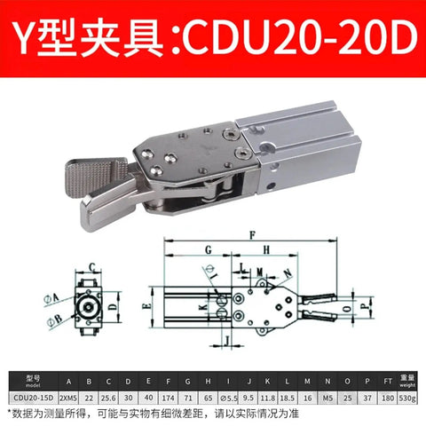 Heavy Duty Pneumatic Clamp Gripper For Mechanical Arm Finger Cylinder Accessory, Small Injection Molding Fixture And Water Outlet Attachment, CUD20-20D Compatible, showcasing dimensions and specifications.