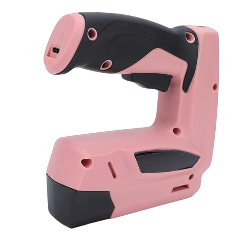 Badass Cordless Electric Staple Gun Featuring Plug And Play Battery Setup ergonomic grip in pink and black, ideal for DIY carpentry and crafts.