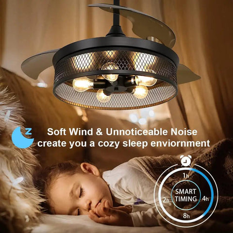Black 42 Inch Ceiling Fan With Lights Remote Control Vintage Cage Dope Yet Silent Retractable Blades, cozy bedroom view.