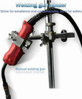 Welding gun holder with adjustment bracket for manual welding, featuring a red handle and secured firmly for ease of use.