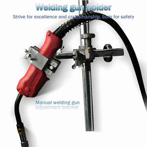 Welding gun holder with adjustment bracket for manual welding, featuring a red handle and secured firmly for ease of use.