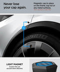 Magnetic Tire Valve Caps For Schrader Valves, Carbon Black, 4 Pack, shown attached to car wheel with secure TPU carbon fiber accent.