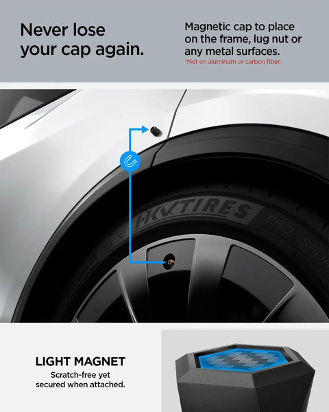 Magnetic Tire Valve Caps For Schrader Valves, Carbon Black, 4 Pack, shown attached to car wheel with secure TPU carbon fiber accent.