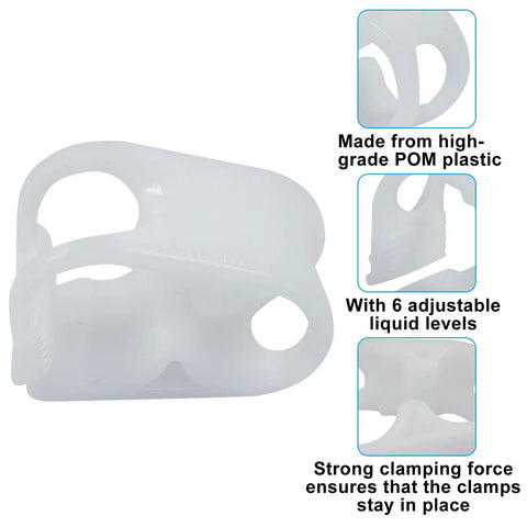 Adjustable Plastic Tube Clamp 1/4 To 1/2 Inch No Fuss Quick Install Flow Control Hose Clamp shown in white POM plastic with details