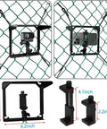 Fence Mount With Sun Shield For Phones And Action Cameras Secure Phone Holder Kit showing GoPro and phone on fence.