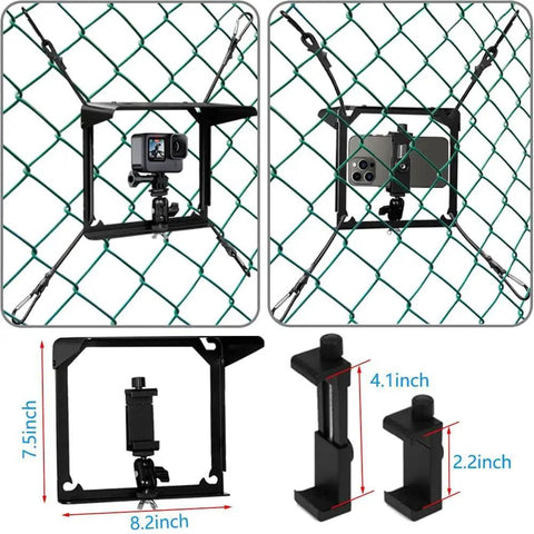 Fence Mount With Sun Shield For Phones And Action Cameras Secure Phone Holder Kit showing GoPro and phone on fence.