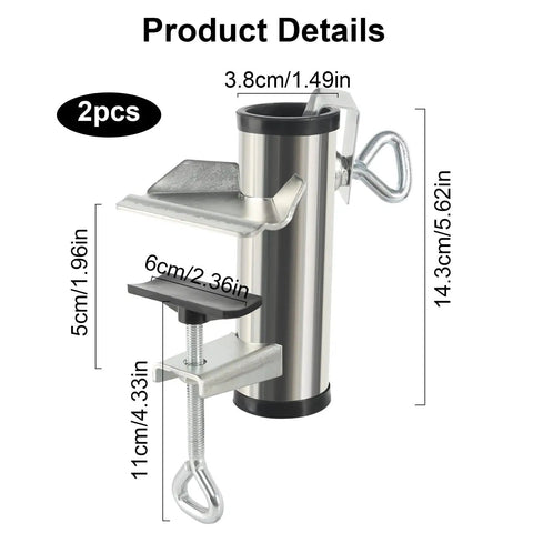 Two Pack Heavy Duty Umbrella Clamp Galvanized Steel Adjustable Deck Mount For Patio Balcony Railing, product dimensions shown